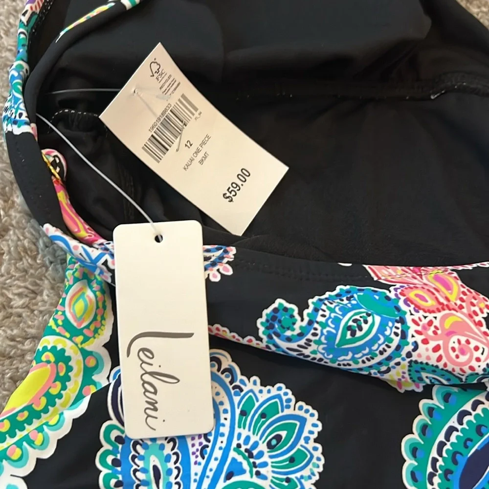 NWT $59 Leilani Poolside Paisley Kauai One Piece Swimsuit 12 Black Colorful New‎